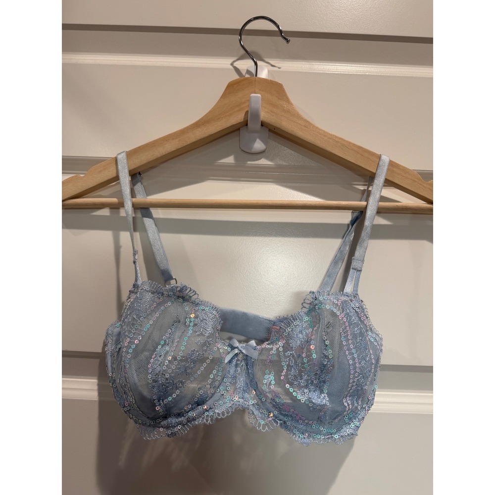 Victoria's Secret Blue Lace Sequin Unlined Push Up Bra 32D Floral Underwire